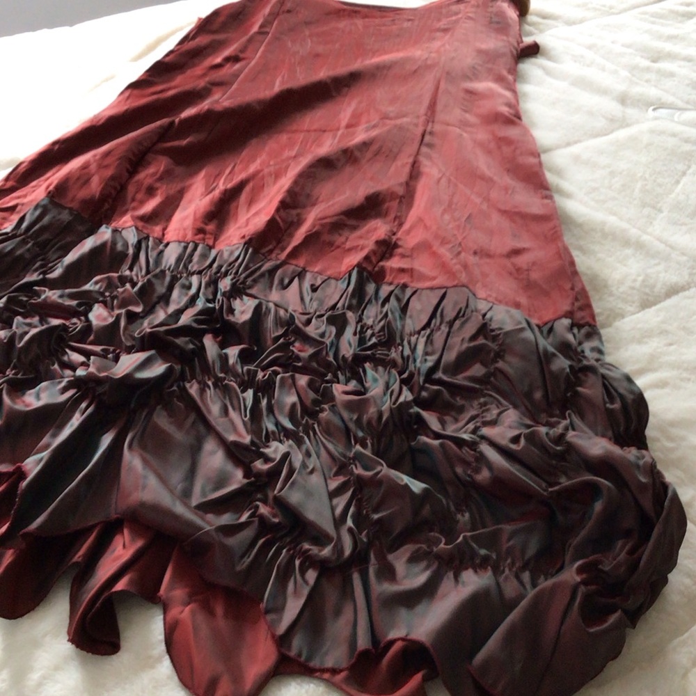 Lee Andersen Women's Wine Cabernet and Teal Satin Ruched Tiered Maxi Dress S - Picture 2 of 16